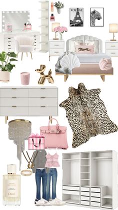 a collage of white furniture and accessories with pink accents on the top, leopard print rug