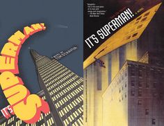 an advertisement for the superman movie is shown in two different colors and font styles, one on top of the other