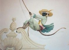 a painting of a woman on a swing with a pineapple hanging from the ceiling