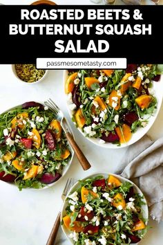 roasted beets and butternut squash salad in white bowls with text overlay that reads roasted beet and butternut squash salad