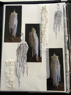 an open book with pictures of different types of clothing on it, including feathers and laces