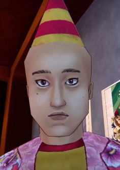 an animated image of a man wearing a party hat with other people in the background