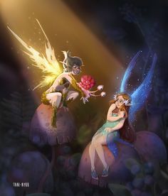 two fairy people sitting on top of mushrooms