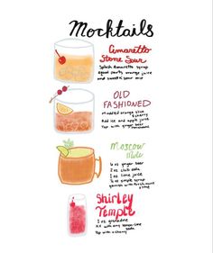 a poster with different types of cocktails and drinks in glasses on top of each other