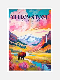 the yellowstone national park poster is displayed on a white frame with mountains in the background