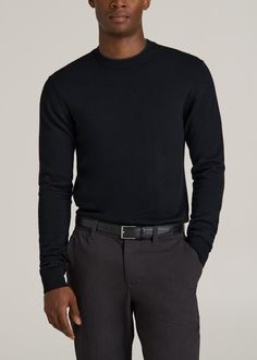 A Classic In Comfort Meet Your New Cold-Weather Companion Rediscover classic style with our Merino Wool Crewneck Tip Sweater. This tall men's sweater is a wardrobe essential, offering a sleek look with its ribbed collar, cuffs, and hem. The crewneck design of this tall men's merino wool sweater makes it an easy choice for any occasion, ensuring you look polished and stay warm.• Crafted from high-quality merino wool for lasting comfort• Ribbed details for a fit that's snug yet flexible• Long slee Black Fitted Sweater For Business Casual, Classic Solid Sweater For Formal Occasions, Classic Solid Color Formal Sweater, Black Fitted Sweater For Formal Occasions, Black Formal Winter Sweater, Classic Long Sleeve Sweater For Formal Occasions, Formal Fitted Solid Color Sweater, Black Long Sleeve Sweater For Formal Occasions, Black Long Sleeve Formal Sweater