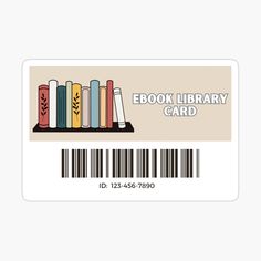 an e book library card with books on the shelf and barcode sticker below it