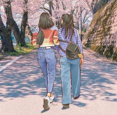 two girls walking down the street in front of cherry trees with their backs to each other