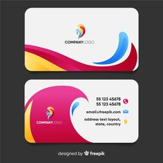 two business cards with different colors and shapes on the front, back and side of each card