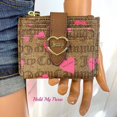 "Juicy Couture  Addicted To Love Heart Print Tab ID Wallet Card Case  New Colors: Brown, Pink, Khaki  Coin zip pocket ID window and 3 card slots  Measures approximately: 3\" x 4\" Matching crossbody bag in my store while available" Addicted To Love, Leather Lanyard, Juicy Couture Accessories, Pink Socks, Id Wallet, Juicy Couture Bags, Clip Wallet, Colors Brown, Wallet Card