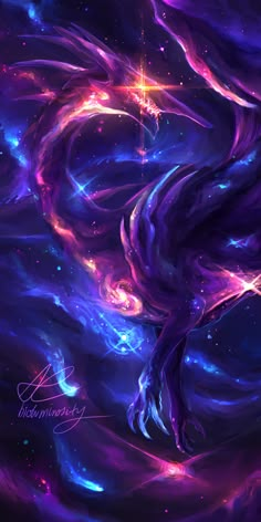 an artistic painting of a horse in the middle of space with stars and swirls around it