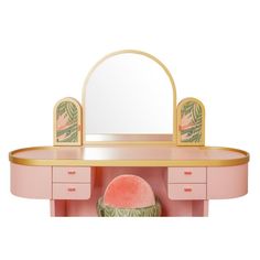 a pink vanity with mirror and stools on top of it in front of a white background