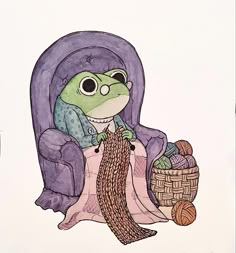 a drawing of a frog sitting in a chair holding a yarn ball and knitting needles