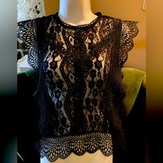 Heavy Lace Black Top By Zara, Nwt. Sleeveless, Zippered Back. Great Over A Camisole. Polyester. Hand Wash. 20” Across Back From Pit To Pit. 22” Long In Back. Chic Sleeveless Lace Top, Party Tank Top With Lace Trim, Party Tops With Lace Trim And Tank Shape, Lace Party Vest Tank Top, Lace Party Tank Top, Elegant Black Tank Top With Lace Trim, Chic Lace Vest Top, Fitted Tank Blouse For Night Out, Chic Black Lace Tops