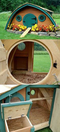 the inside and outside of a wooden birdhouse with flowers in it's window