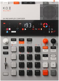 an electronic device with buttons and numbers on the front side, in grey and orange colors