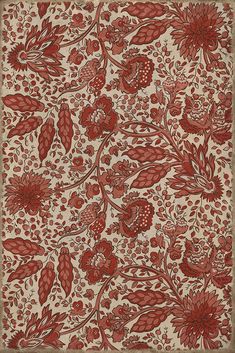 a red and white floral design on a beige background, with lots of small flowers