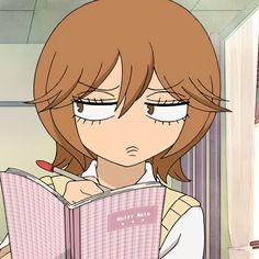 an anime character is reading a book