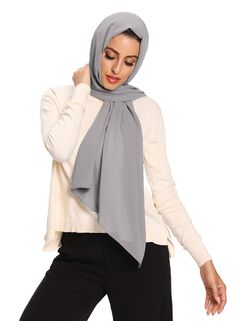 PRICES MAY VARY. PREMIUM MATERIAL - Our solid color chiffon scarf is made of 100% polyester fibre, which is super light weight, soft and smooth. Size: 70”L × 27”W inches ( 180cm × 70cm). You will enjoy the comfortable and breathable. DURABLE & WRINKLE-RESISTANT - The bubble chiffon material is easy to care, durable and naturally wrinkle-resistant. You will love the streamlined look. ELEGANT DESIGN - Our scarf perfect for any occasions, can be worn from casual to formal. It can be used as a scarf Grey Hijab, Modal Hijab, Long Shawl, Chiffon Hijab, Hijab Trends, Instant Hijab, Casual Trends, Fashion Muslim, Head Wrap Scarf