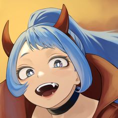 a woman with blue hair and horns on her head