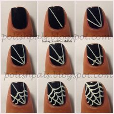 Spider Web On Nails, Spiderweb Nail Art, Spider Web Nails, Web Nails, Sugar Skull Nails, Halloween Nail Art Tutorial, Holloween Nails, Skull Nails, Halloween Nails Easy