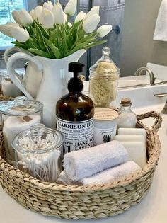 a basket filled with lots of bathroom items