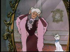 an older woman in a pink dress standing next to a white cat and looking into a mirror