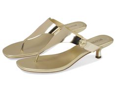 PRICES MAY VARY. Branded hardware Kitten Sandals, Pale Gold, Style Statement, Michael Kors Shoes, Gold Leather, Heeled Sandals, Leather Slip Ons, Easy Wear, Pump Shoes