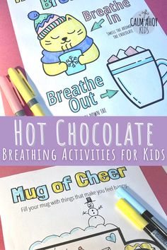 the hot chocolate coloring page is shown with markers and pencils