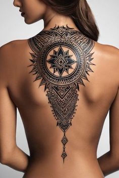 the back of a woman's body with an intricate tattoo design on her shoulder