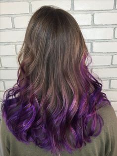 Purple Tips On Brown Hair, Purple Tips Brown Hair, Butterfly Haircut Purple Hair, Purple Tips Hair Brown, Light Brown Hair With Purple Tips, Purple Ends On Brown Hair, Long Brown Hair With Purple Highlights, Dark Brown Hair With Purple Underneath, Purple Highlights Brown Hair Straight