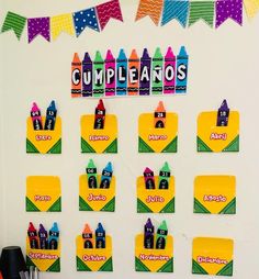 a bulletin board with crayons on it and the word cumpleanos written in spanish