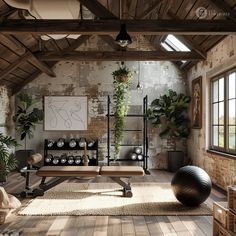 an indoor gym with exercise equipment and plants