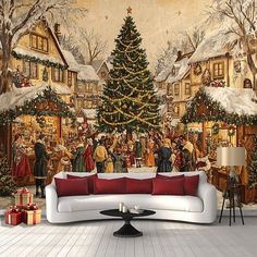 a living room decorated for christmas with a large mural on the wall and red pillows