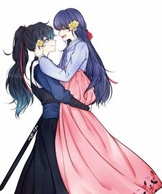 two anime characters are hugging each other