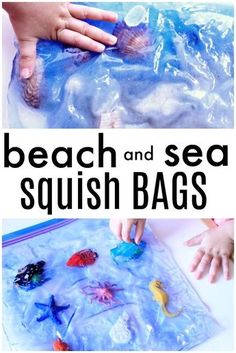 two pictures with the words beach and sea squish bags in front of them