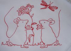 a drawing of two mice and a dragon on a white t - shirt with red thread