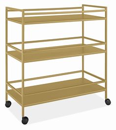 a three tiered shelf with wheels on the bottom, and two shelves below it