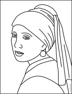 a girl with a pearl earring is shown in this black and white coloring page