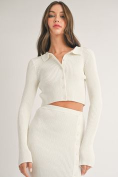 Collard Front Button Ribbed Sweater - Top | Swank Boutique White Ribbed Polo Sweater For Spring, Spring Cotton Ribbed Polo Sweater, Spring Ribbed Cotton Polo Sweater, Classic Button-up Ribbed Sweater, Classic Ribbed Button-up Sweater, White Fitted Ribbed Polo Sweater, Fitted White Ribbed Polo Sweater, Cream Ribbed Fitted Sweater, Spring Long Sleeve Polo Sweater With Buttons