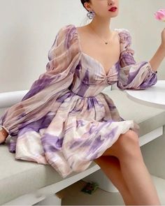 Purple Puffy Sleeve Cute Dress. It is sexy, comfy and classy. It is street style, good for elegant ladies, classy teens and modern fashion Unique Summer Dresses, Bow Mini Dress, Sleeve Ruffles, Purple Mini Dresses, Elegant Ladies, Classy Women, Cute Dress, Modern Fashion, Elegant Woman