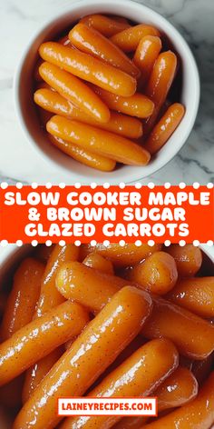 slow cooker maple glazed carrots in a white bowl with text overlay that reads slow cooker maple glazed carrots