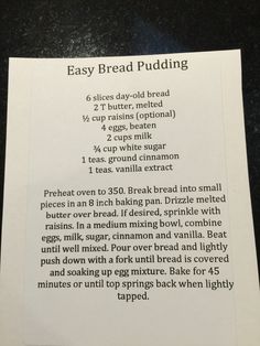 a recipe for bread pudding on a table