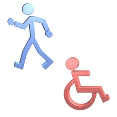 a person walking next to a man in a wheel chair on a white background,