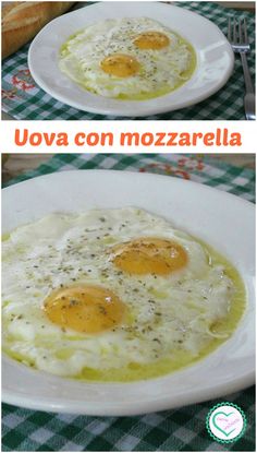 two fried eggs are sitting on a white plate next to each other, with the words'uova con mozzarella '