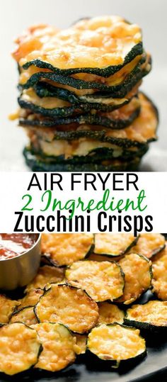 air fryer zucchini crispes stacked on top of each other with sauce