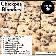 a close up of a plate of food with chocolate chips on it and the words chickpea blondies