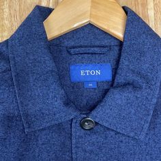 Eton Wool Cotton Cashmere Button Down Shirt Jacket. Lightweight & Extremely Comfortable. Navy Blue Size Xxl Blue Wool Collared Top, Blue Unstructured Outerwear For Fall, Casual Collar Outerwear With Button Closure For Work, Blue Button-up Sport Coat, Casual Winter Outerwear With Camp Collar, Casual Blue Outerwear With Spread Collar, Blue Wool Long Sleeve Outerwear, Casual Wool Collared Outerwear, Blue Long Sleeve Wool Outerwear