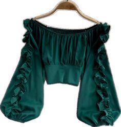 Long Sleeve Solid Color Crop Top For Summer, Casual Long Sleeve Off-shoulder Top For Party, Trendy Ruffled Lantern Sleeve Tops, Trendy Off-shoulder Top With Ruffles And Long Sleeves, Chic Green Crop Top For Fall, Summer Long Sleeve Off-shoulder Top With Ruffles, Summer Off-shoulder Top With Long Sleeves And Ruffles, Green Off-shoulder Party Top, Green Solid Color Crop Top For Spring