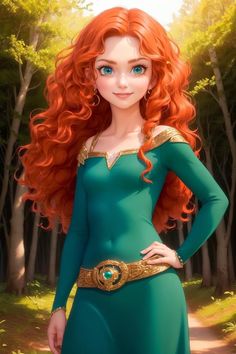 a woman with long red hair and blue eyes wearing a green dress in the woods